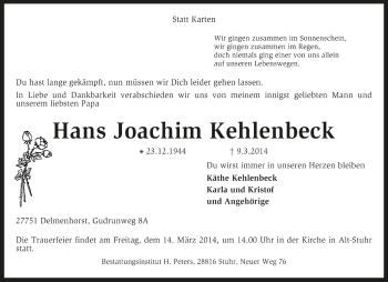 Todesanzeige von Hans Joachim Kehlenbeck von Kreiszeitung